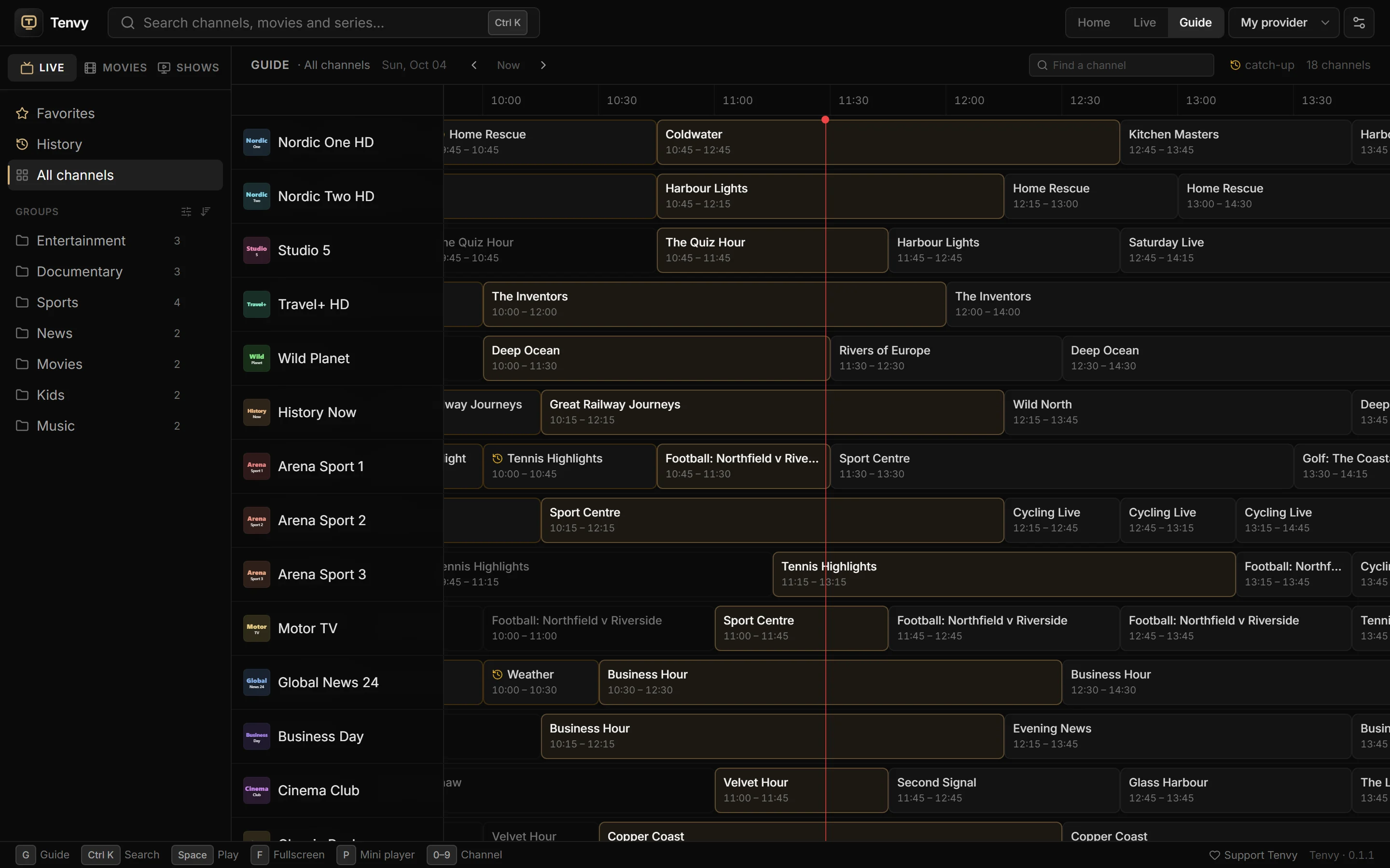 Tenvy's programme guide with live channels and what's on now