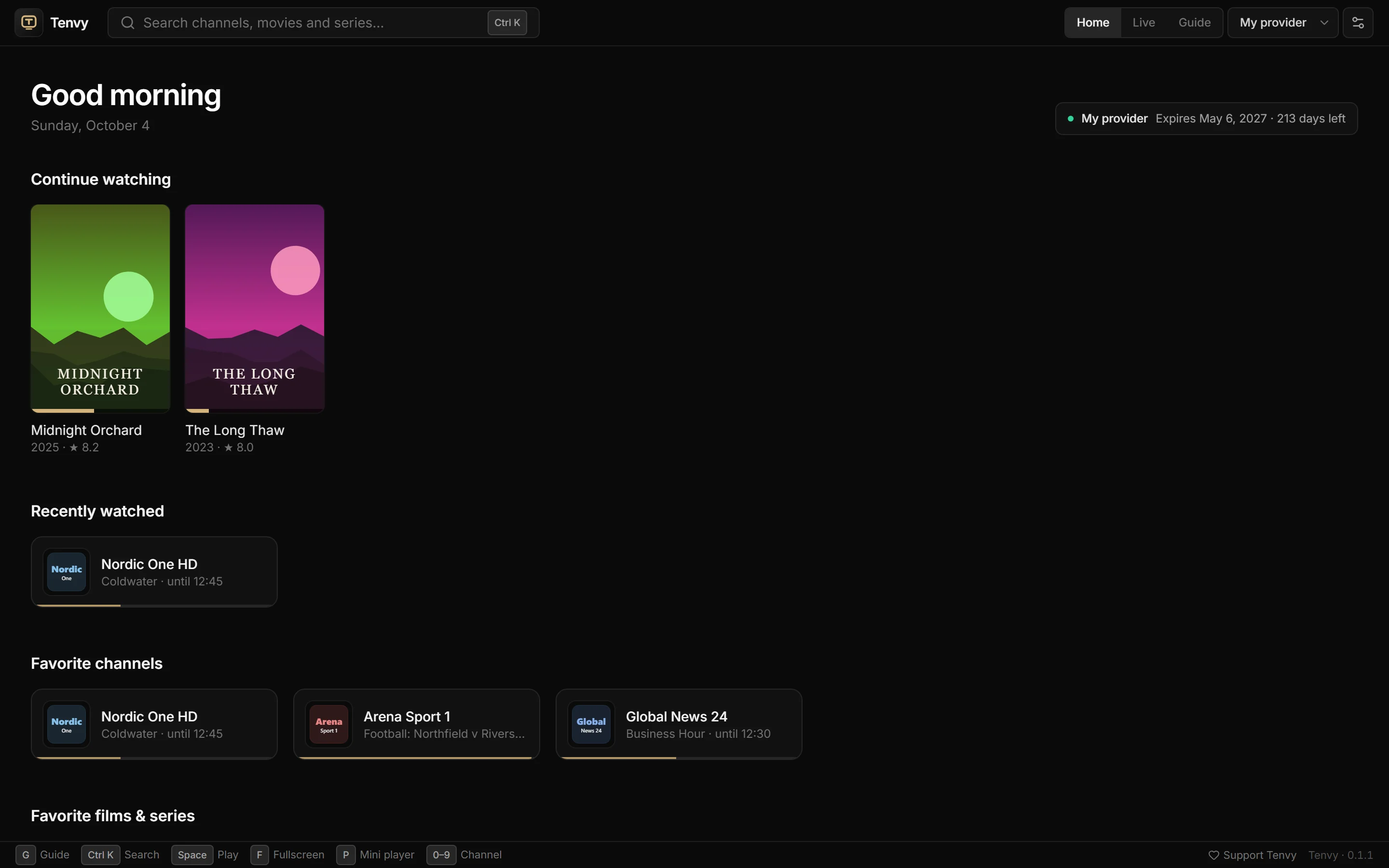 Tenvy's home screen