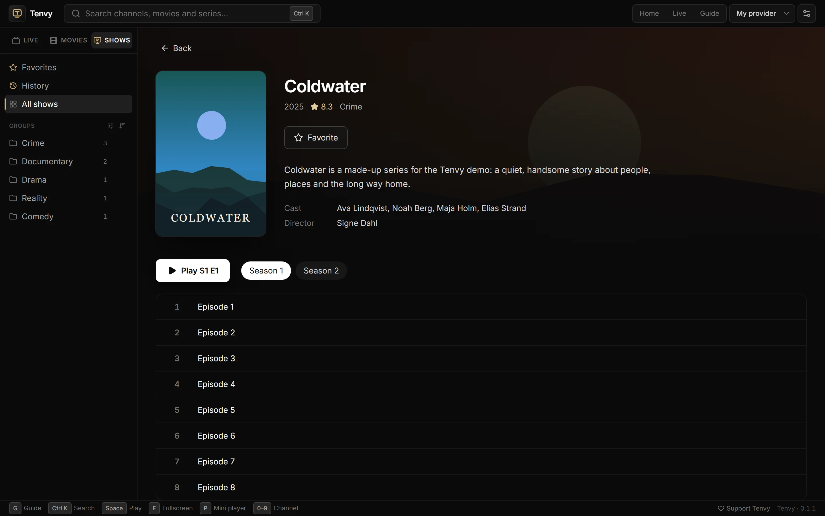 A series page with seasons and episodes