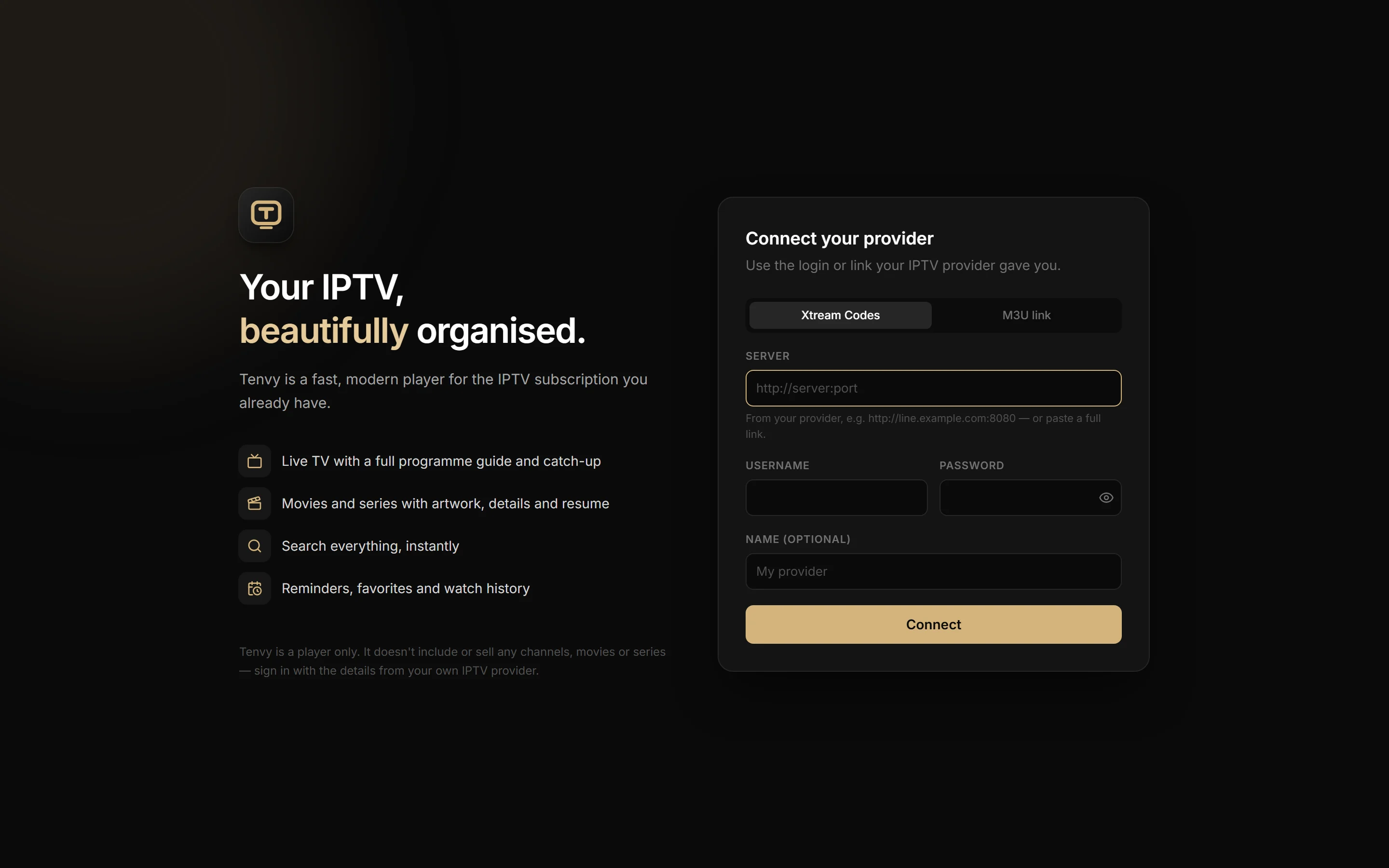 Tenvy's welcome screen for connecting a provider